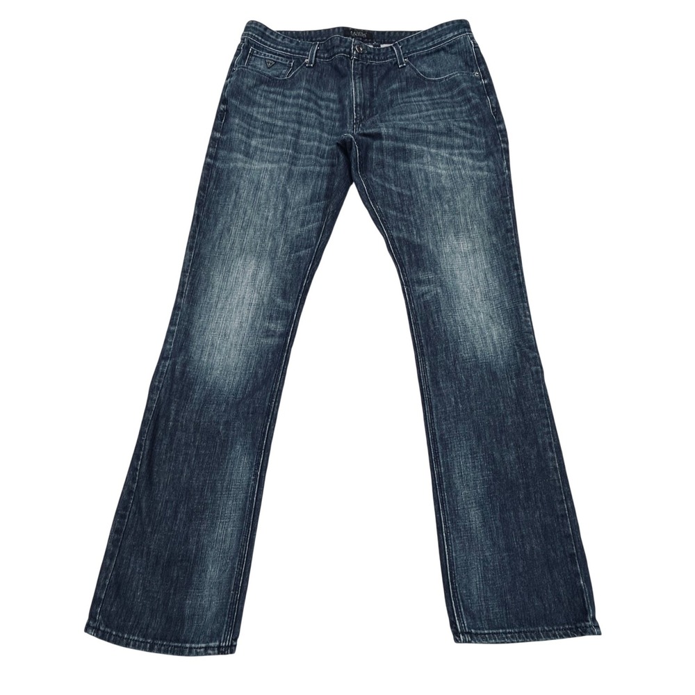 Guess Vermont Slim Mens Jeans 38x34 Dark Wash Straight Leg Blue Denim Whiskered